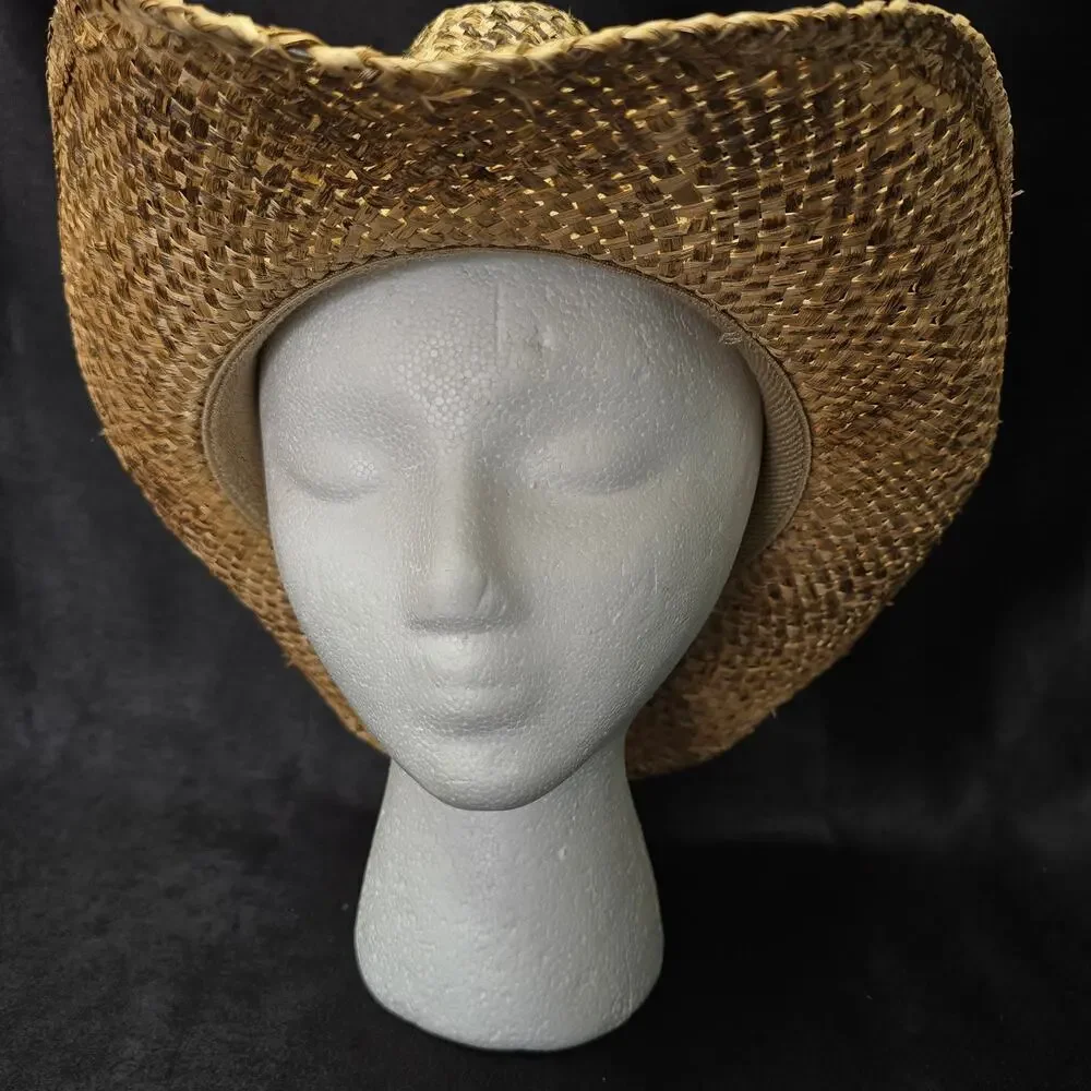 Bio Domes Headgear Tan Straw Wide Brim Cowboy Hat Beaded Country Decor One Size